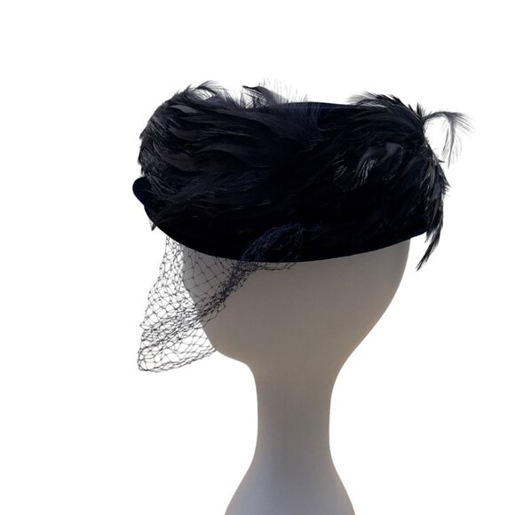 Vintage 50s 60s Navy Velvet Feather Pillbox Hat w/ Veil 22.5" Circ Retro Formal - Picture 4 of 8